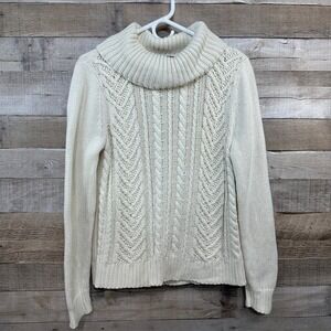 Lands End Drifter Ivory Cable Knit Cowl Neck Sweater Womens Medium Coastal Ivory